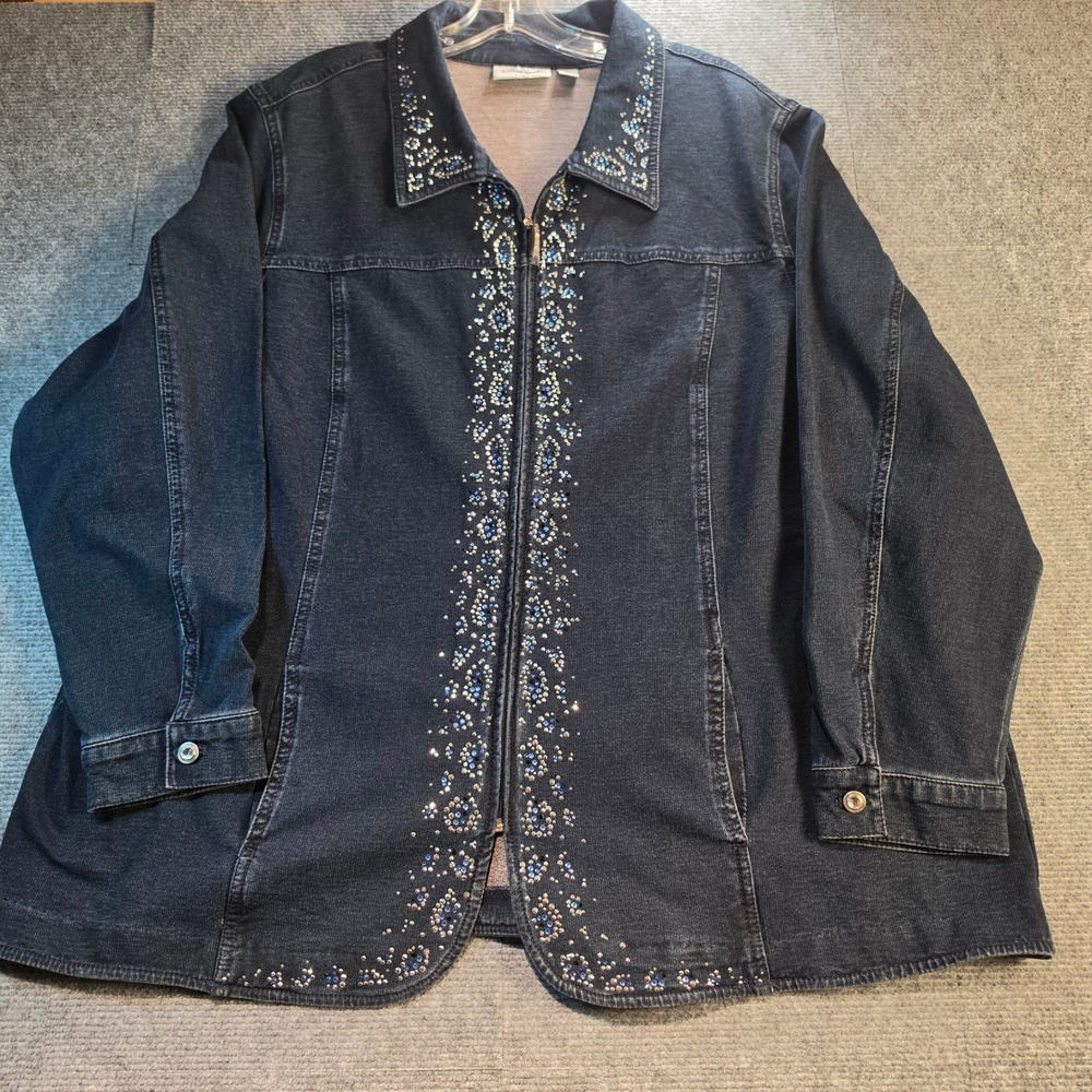 Quacker Factory DreamJeannes Jacket Women 2X Blue Indigo Rhinestone Zip Good